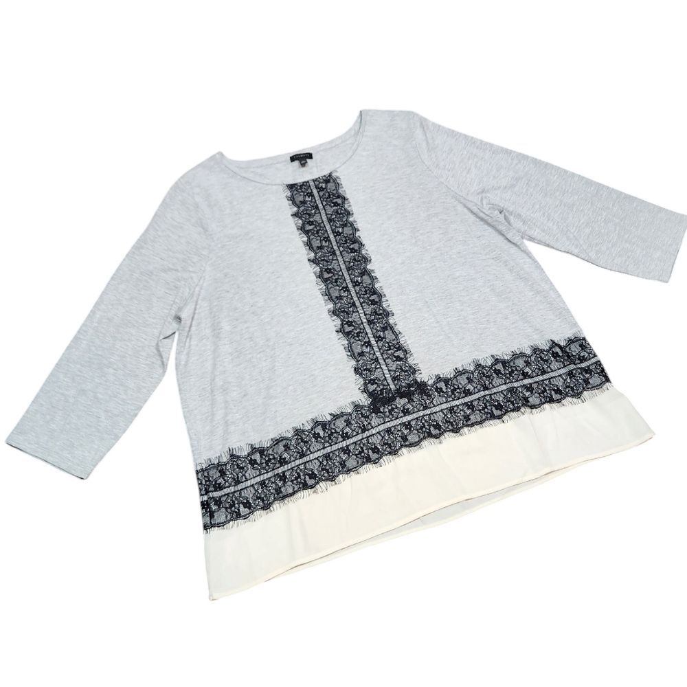 Talbots Top Cotton Shirt Lace Silk Ruffle Trim 3/4 Sleeve Gray Black Cream XL - Picture 3 of 9